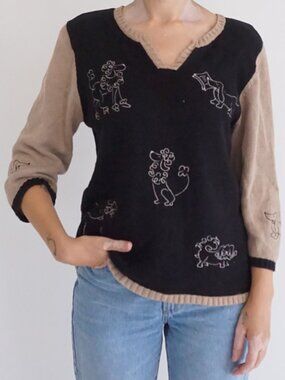 Christopher Banks Black Tan Poodle Dog Puppy Novelty V Neck Knit Sweater L